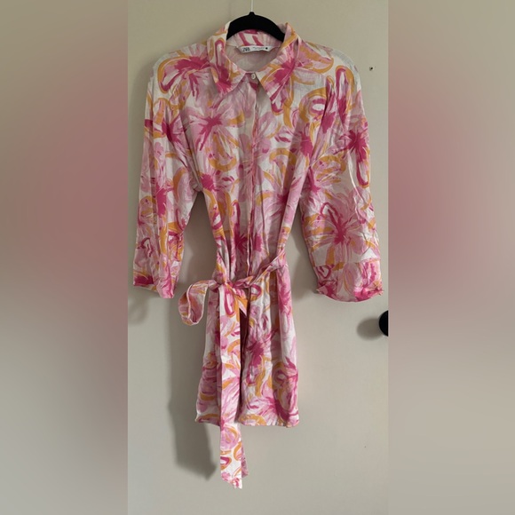 ZARA Pink Orange Floral Tropical Linen Blend Shirt Dress Size S - Picture 2 of 10